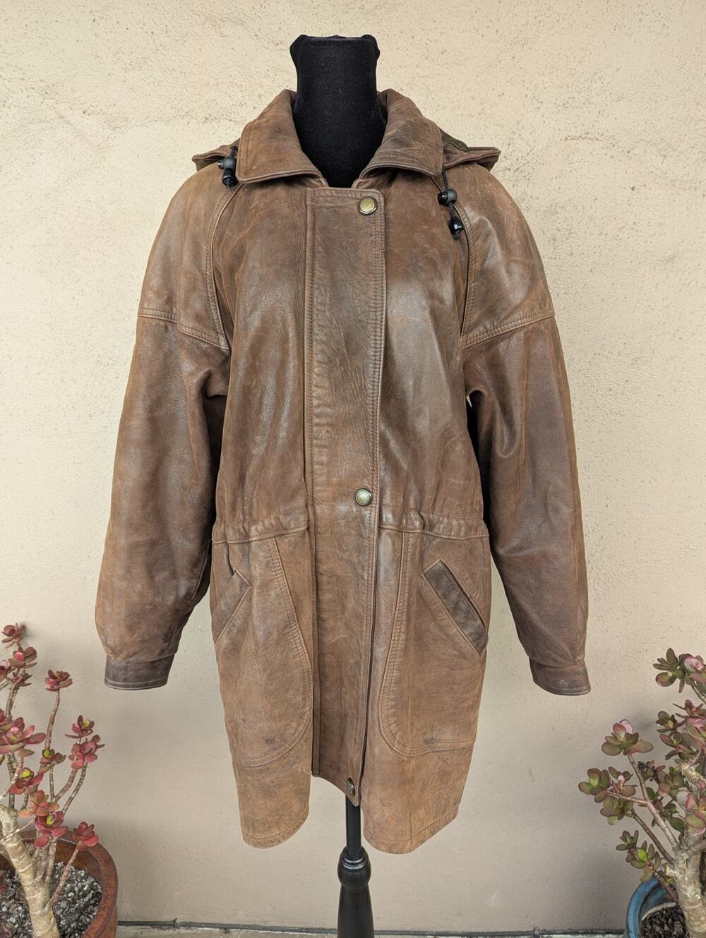 💜Plongé Cuir Brown Leather Hooded Parka Detachable Hood L